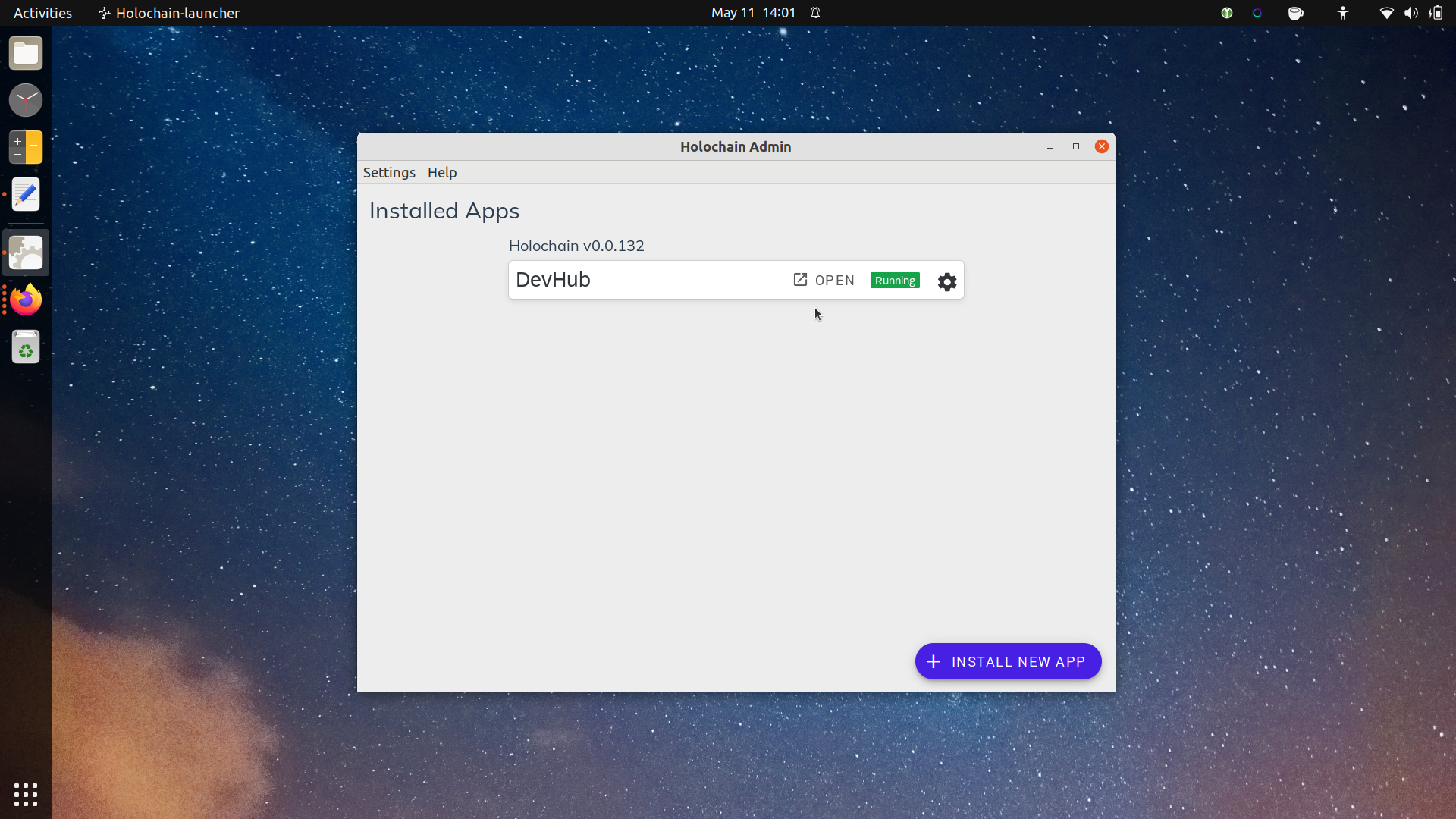 A screenshot of the Holochain launcher admin window, with the DevHub hApp already installed