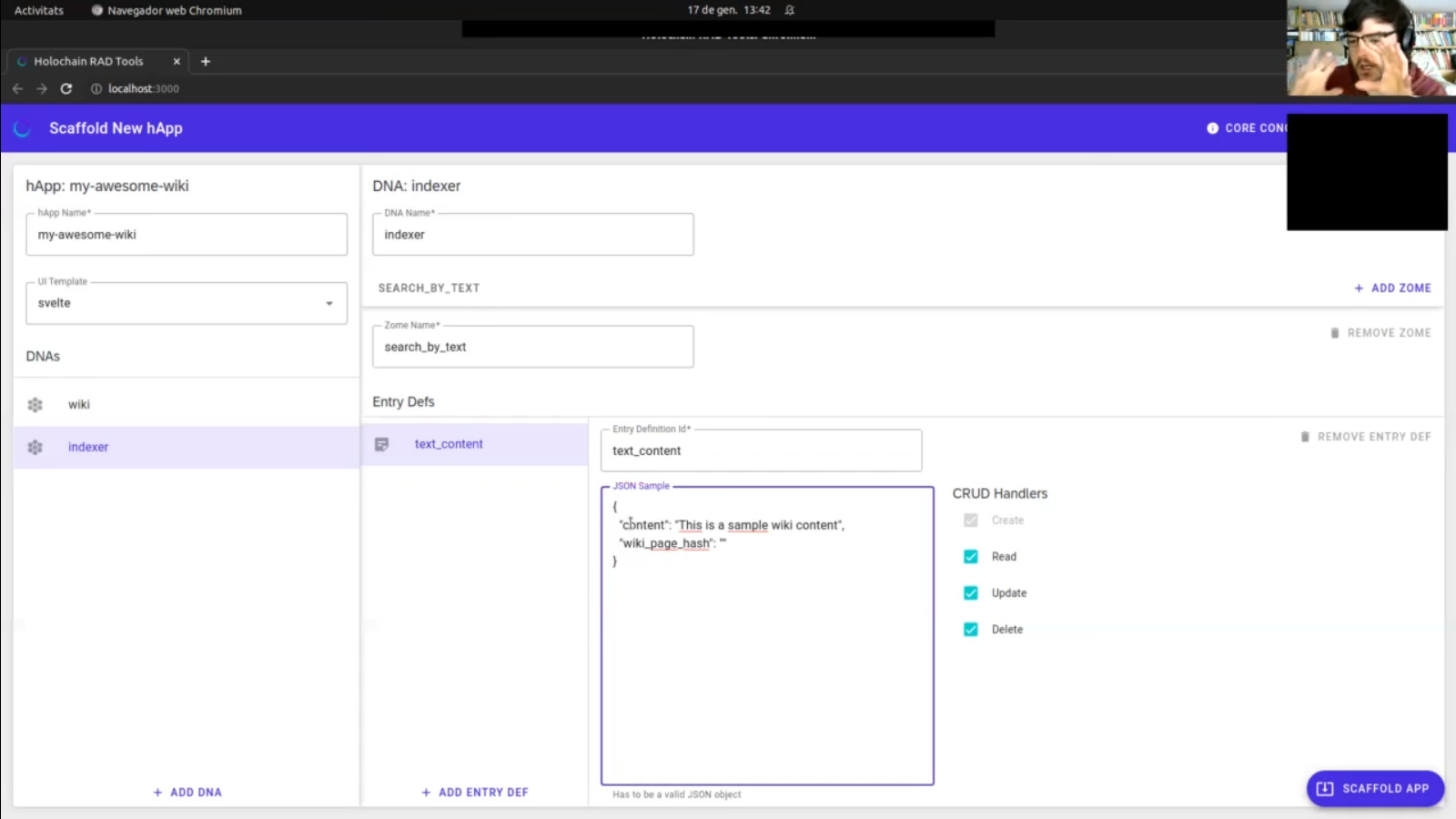 A still capture of the video, showing the user interface in the midst of an example app being scaffolded.