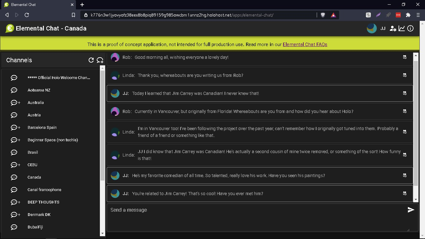 A screenshot of Elemental Chat in a web browser. Various channels are listed in a sidebar; messages in the current channel are listed in the main panel. Across the top, a banner says "This is a proof of concept application, not intended for full production use."