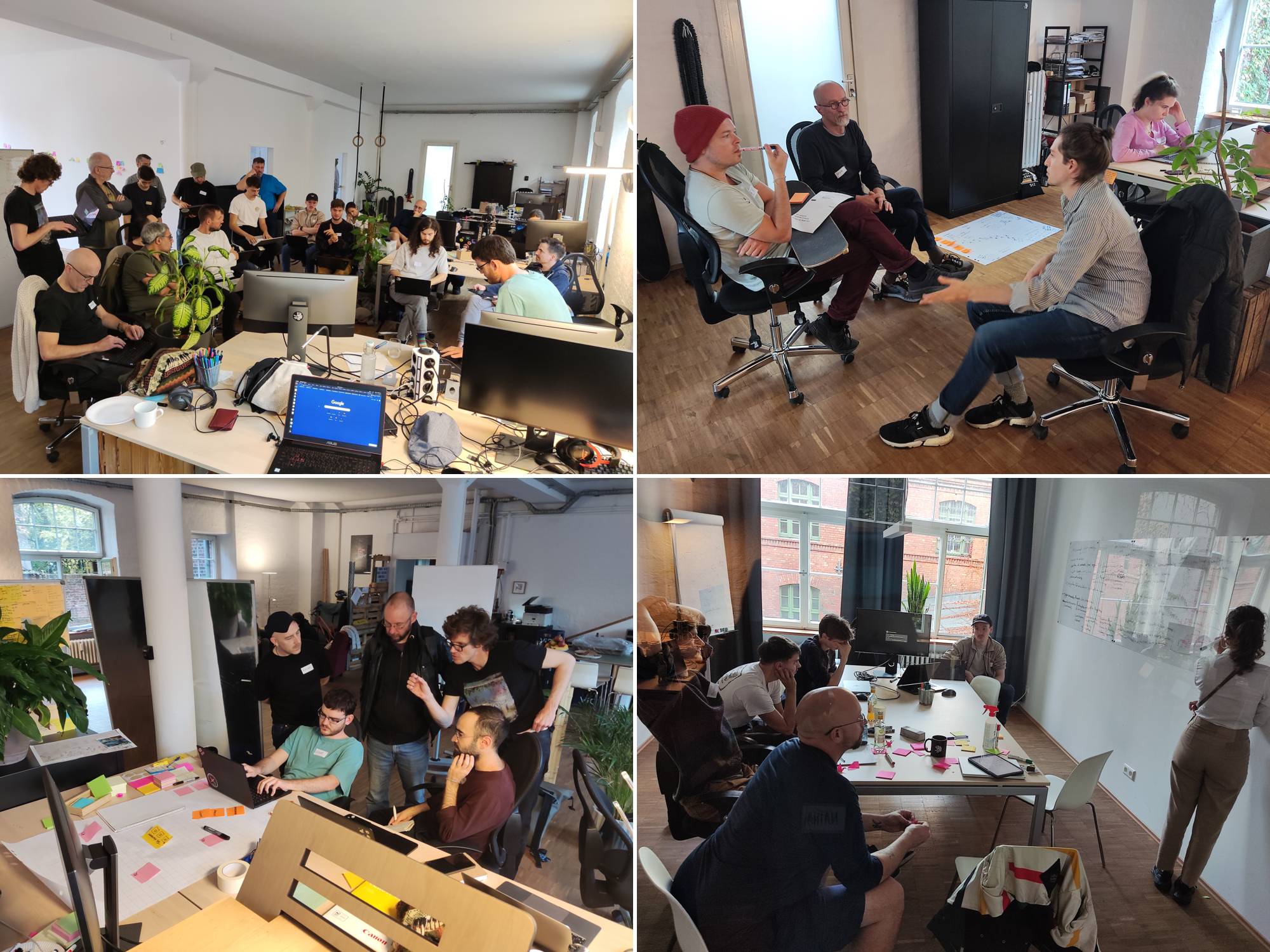 A montage of four photos, all depicting Berlin hackathon participants listening to lectures, having conversations with each other, swarming over a design challenge, or mapping out a design on whiteboards