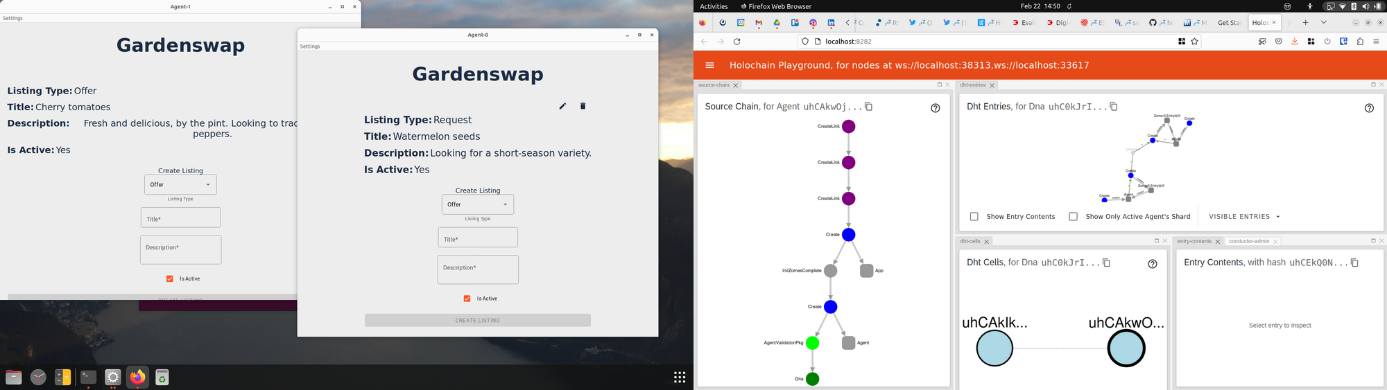 A screenshot of the windows generated by `hc launch`: Two UIs (backed by individual sandboxed conductors for each of the agents) and the Playground.